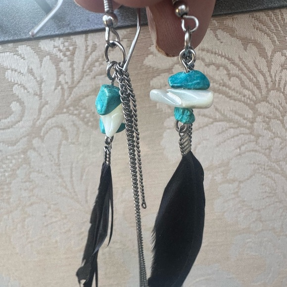 Turquoise and Black Feather Earrings - Picture 3 of 7